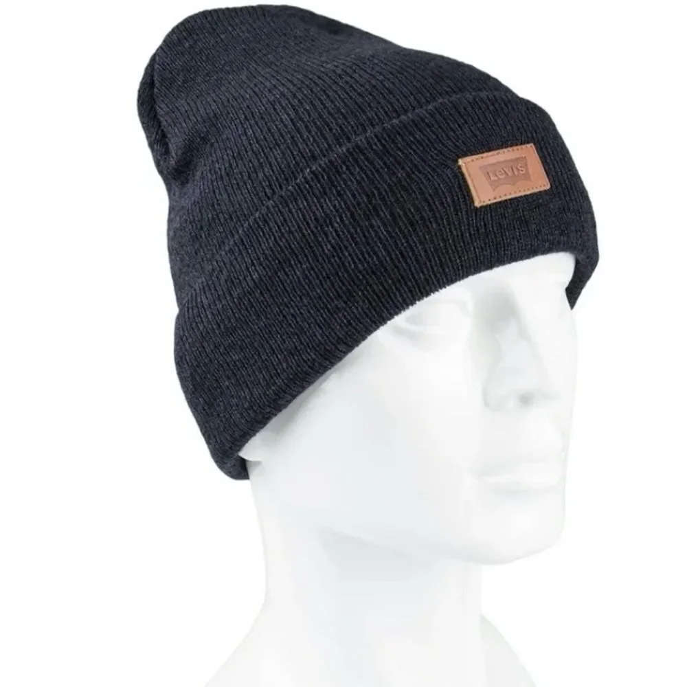 LEVI’S OS Unisex Black Brown Leather Patch Logo Knit Beanie Hat Superior Warmth